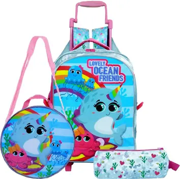 Kit Mochila Infantil Unicórnio Baleia Rodinhas Tam G Escolar Carrinho Costas Brilhosa Impermeável Lancheira Térmica Estojo – Winth – Kit Mochila Infantil